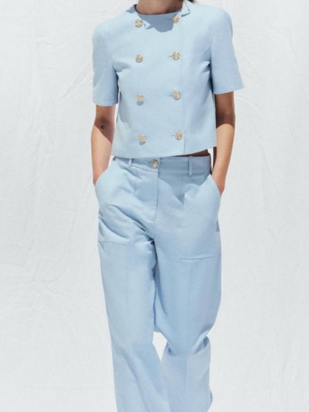 Zara Light Blue Cropped Double-Breasted Jacket with Wide-Leg Trousers